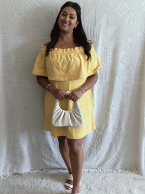 H&M Yellow Off Shoulder Flounce Mini Sundress w/ Pockets | Summer Vacation | S